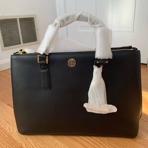 Tory Burch Black Robinson Double Zip Leather Tote